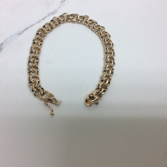 14K Yellow Real Solid Gold 8.00mm double Circle Curb Link Charm Bracelet 7 1/2'' - Picture 4 of 8